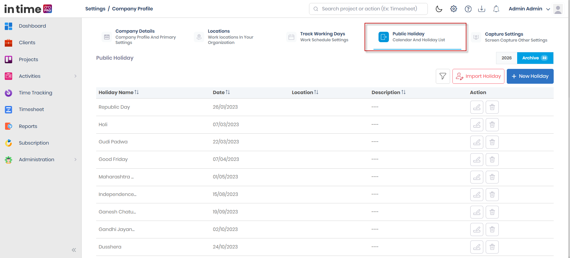 Public Holiday tab with the Current/Archive views, the filter toggle, the holiday list, and the month calendar view